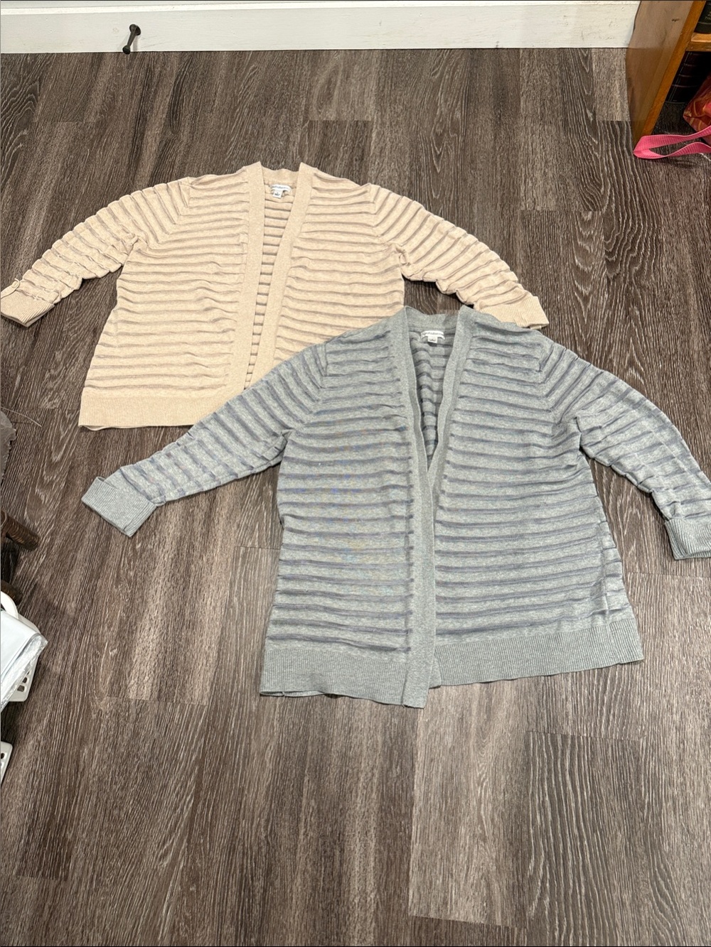 croft & barrow Women’s Ribbed Open-Front Cardigans - Cream and Gray. Size Large